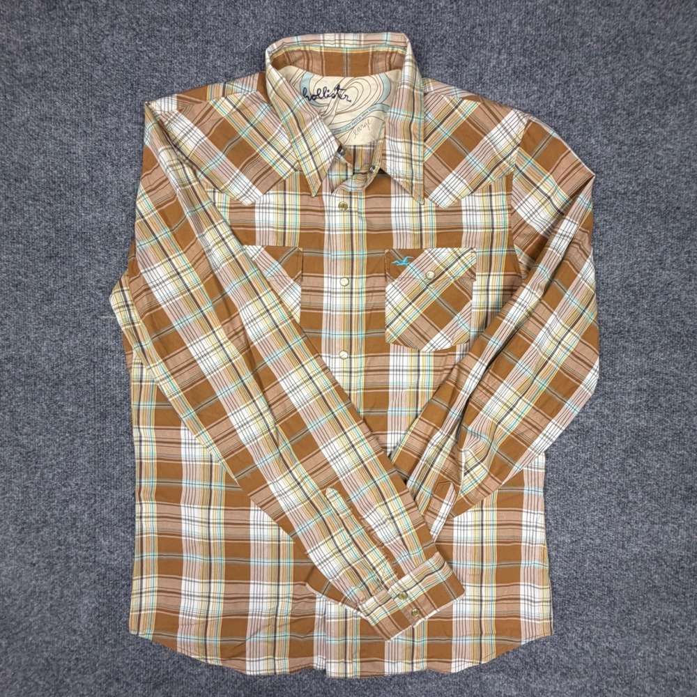 Hollister Mens Brown Plaid Western‎ Pearl Snap Long Sleeve Shirt Large RN102573
